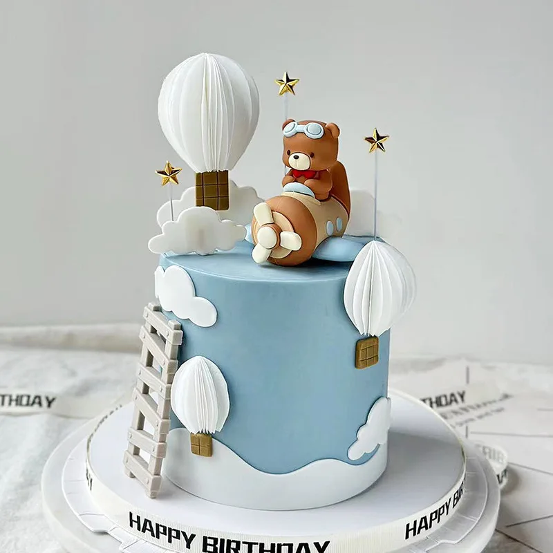 Alles Gute zum Geburtstag Party Kuchen Dekoration Cartoon Pilot Bär Fliegendes Flugzeug Thema Puppe Geschenk Junge Mädchen Kinder Geburtstag Party Versorgung Image