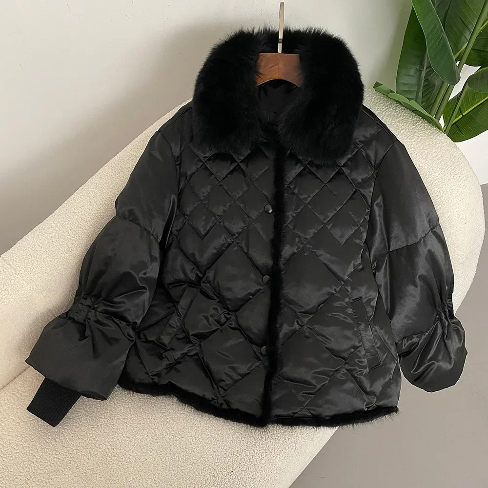 OFTBUY Fuchspelzjacke für Damen, Herbst und Winter, großer Pelzkragen, Nerzpelz, Pufferjacke, kurz, lässig, 90°, weiße Ente, Daunenmantel, warm Image