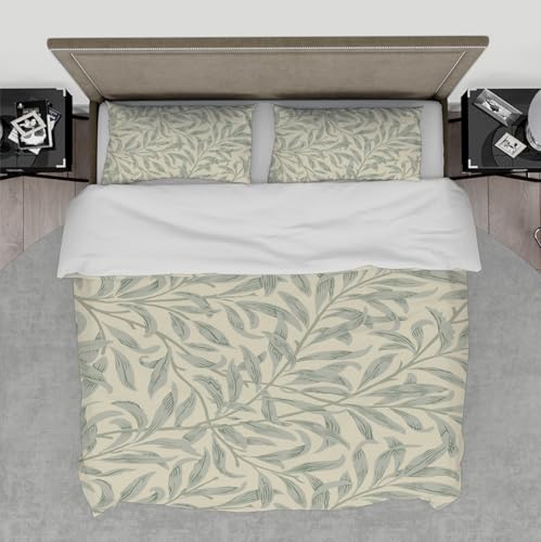 HOBBOY Classic 3pc Bedding Set Willow Leaf Pattern Duvet Quilt Cover with Zipper 2 Pillowcases William Morris Aesthetic Duvet Cover Set Single