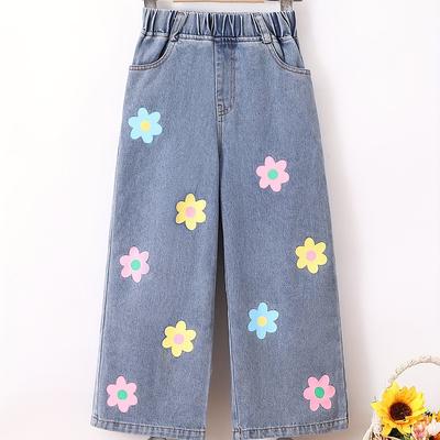 TEMU Cute Floral Print Girls Elastic Waist Wide Leg Jeans For Everyday Summer Spring Fall