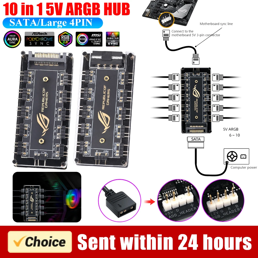 5v 3 pin argb rgbw kabel asus aura sync rgb 10 hub splitter sata power verlängerung kabel adapter led streifen licht pc rgb lüfter kühler Image