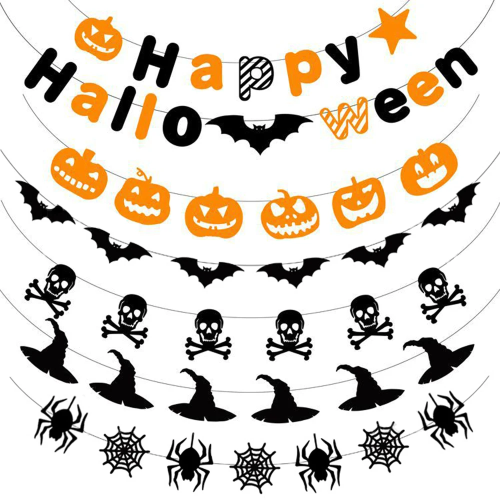 Happy Halloween Banner Kürbis Fledermaus Schädel Spinne Papier Banner Anhänger Halloween hängen Ornament Halloween Party Dekoration Image