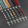 Collier chapelet en fausses perles pour femmes, Religion chrétienne, pendentif croix de la vierge marie, jésus, longues chaînes de perles, bijoux à la mode