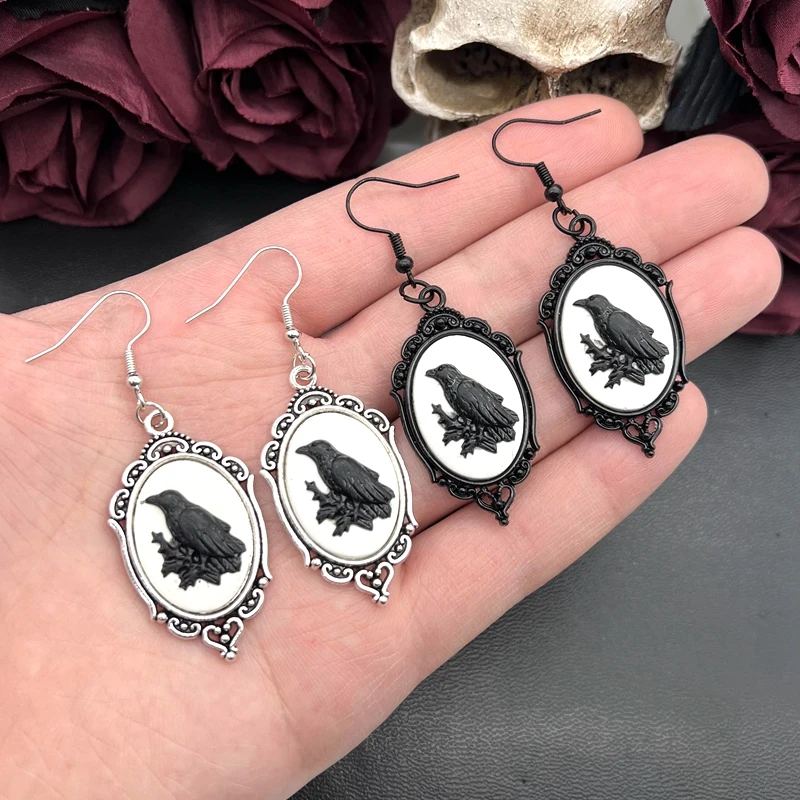 Raven Earrings Raven Crow Jewelry Goth Cameo Earrings Gothic Vintage Style Halloween Jewelry Witch Jewelry