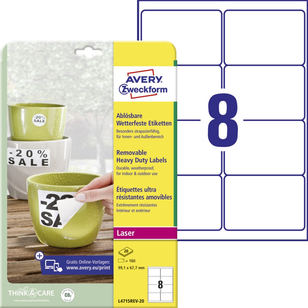 Avery Zweckform L4715REV-20 Wetterfeste Etiketten, ablösbar, 99,1 x 67,7 mm, 20 Bogen/160 Etiketten, weiß Image