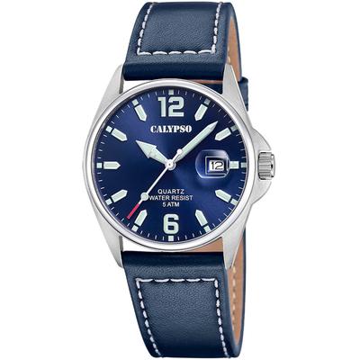Quarzuhr CALYPSO WATCHES "Basic", blau (dunkelblau), Armbanduhren, Herren, Armbanduhr, Herrenuhr, Lederarmband, analog, Tag Image