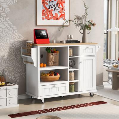 Kitchen Island on Wheels, Storage Kitchen Cart, Floor Standing Buffet Sideboard, Rubber Wood Desktop Microwave Cabinet