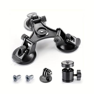 TEMU Triple Suction Cup Camera Mount With 360° Ball Head, Heavy Duty Car Window Dashboard Tripod For , 360, Dji, Dslr, Mirrorless Cameras - Vehicle Holder Attachment Accessory, Plastic Material