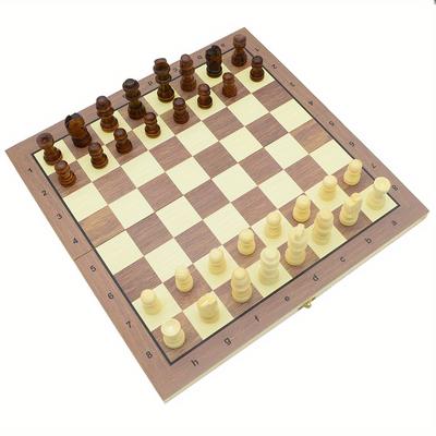 TEMU 3-in-1 Large Wooden Chess Set With Foldable Board And Handcrafted Pieces - Velvet Bottom Chessmen, International Standard Edition - Durable Strategy Board Game For Teens And Adults, Party Game 14+