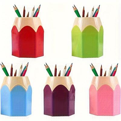 TEMU 5pcs Cute Pencil-shaped Desk Organizers, Abs Pen Holders, Creative Cartoon Stationery For School, Classroom & Home Office Decor