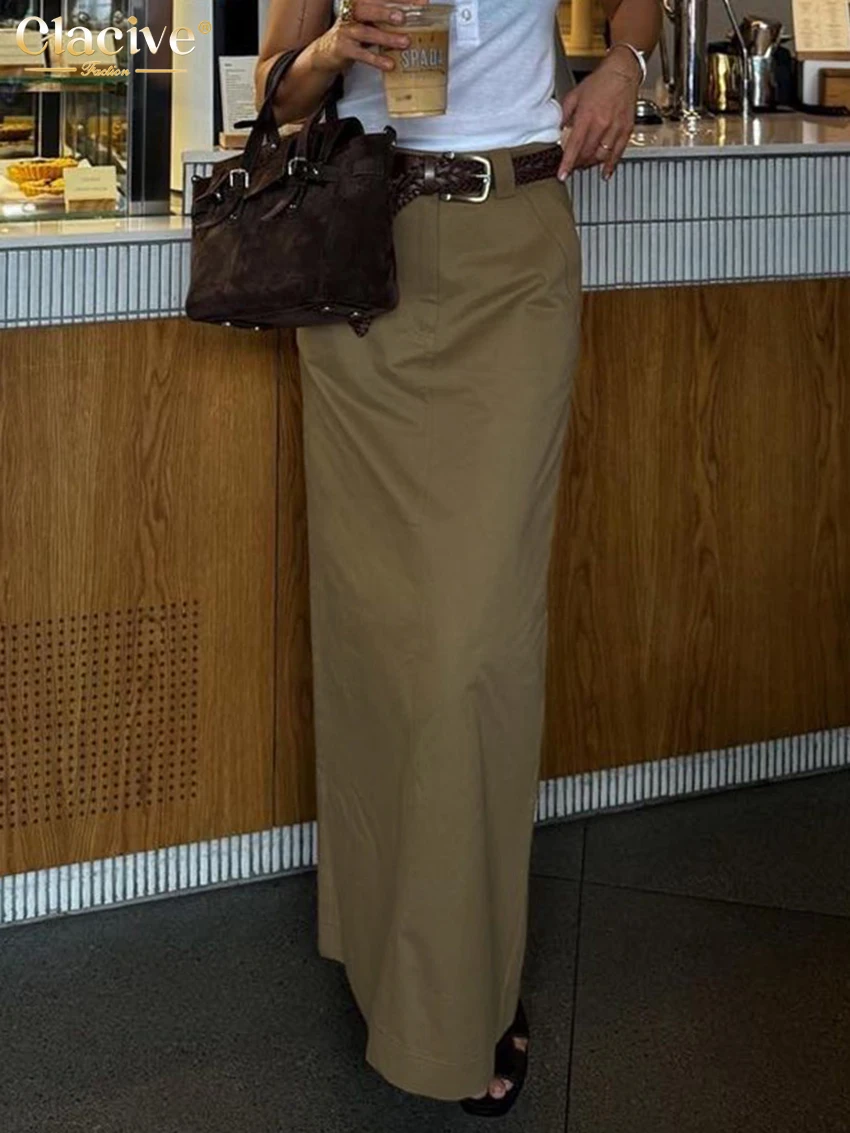 Clacive Mode lose Khaki Baumwolle Damen rock 2024 lässig hohe Taille lange Röcke elegante klassische feste Rock weibliche Kleidung Image