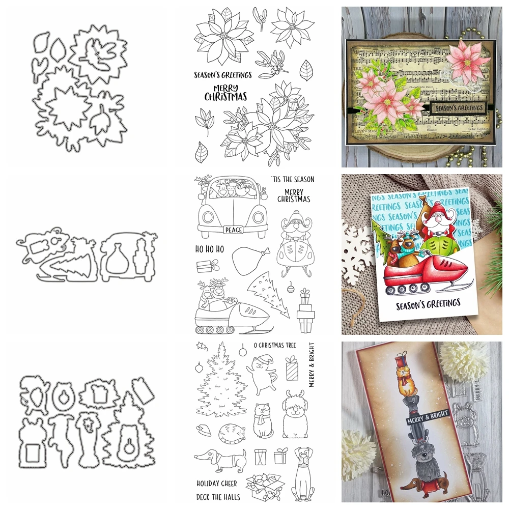 Frohe Weihnachts zeit Gruß klare Briefmarken Hund Katze Gnom Geschenk box Auto Metall Schneidwerk zeuge für DIY Papier karte machen Vorlage Image