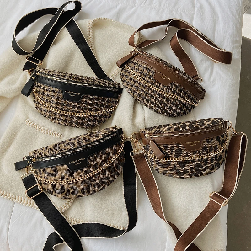Sac banane pied-de-poule léopard pour femme, sacs à main pour téléphone, large sangle de poitrine, sacs à bandoulière initiés, petits sacs JOFanny, mode