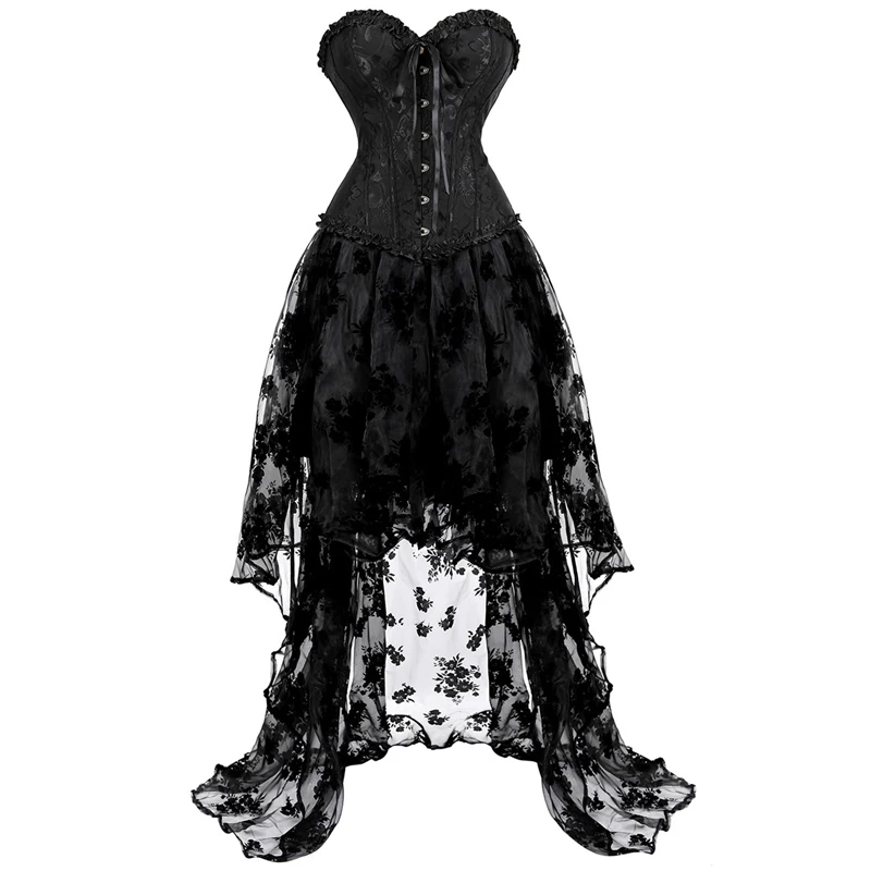 Korsett Kleid hoch und niedrig Rock Tüll lange Spitze Korsett Bustier plus Größe Gothic Maskerade Kostüm Kleid Korsett sexy schwarz 6xl