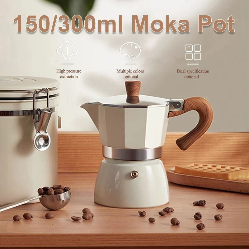 150/300 ml Moka Topf Holzgriff Italienische Espresso Maker Lebensmittel Grade Hand Brauen Mokka Kaffeekanne Haushalt Kaffee Zubehör