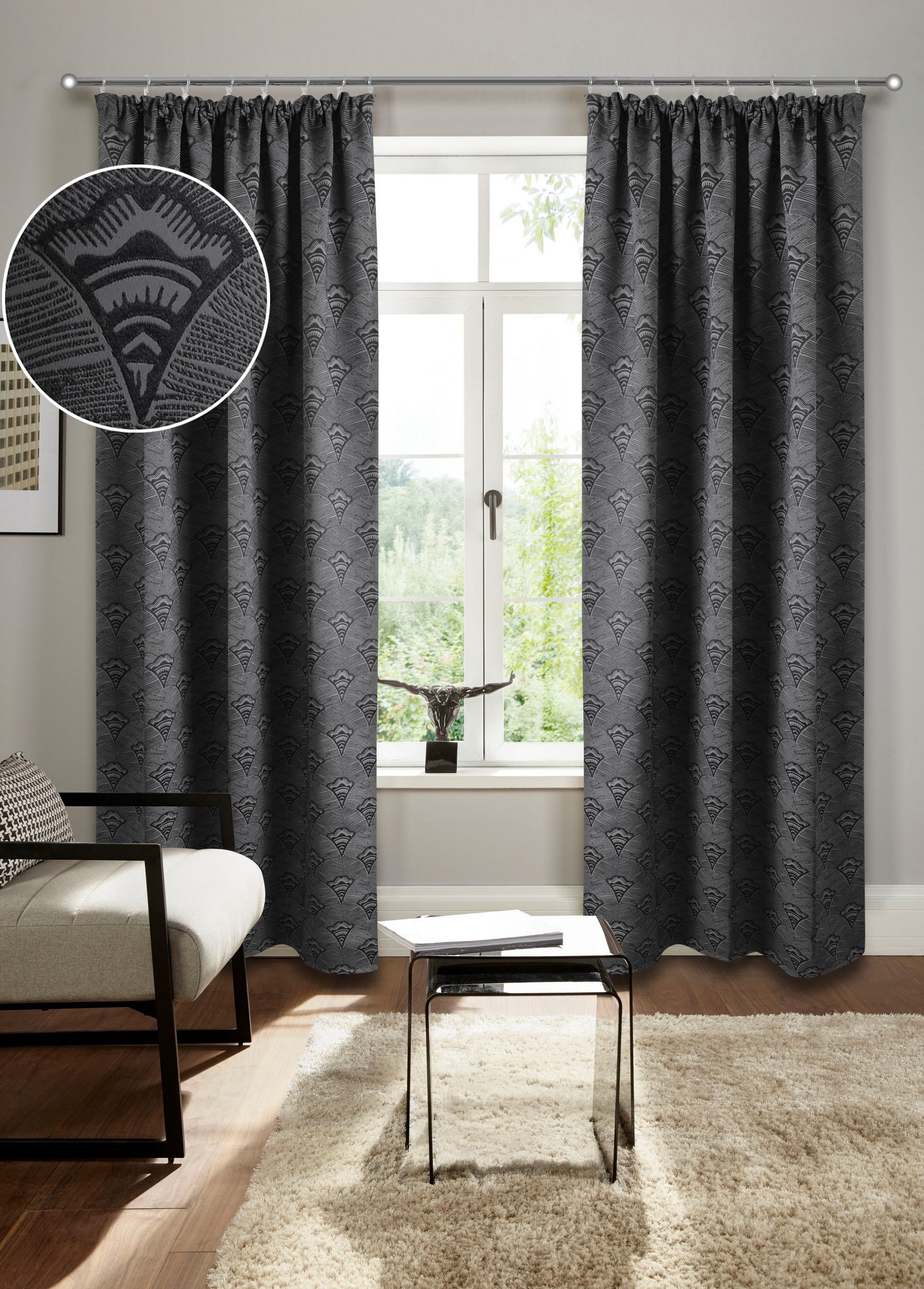 Verdunkelungsvorhang BRUNO BANANI "Alessio" Gr. 2, grau (anthrazit), B:130cm H:175cm, Polyester, Gardinen, Elegantes Muster, Jacquard, verdunkelnder Vorhang, blickdicht,modern