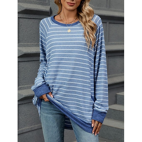 Damen T-Shirt Mode Modern Casual Langarm Normal Oberteile Rundhals Alltag Wochenende Grau/Weiß Schwarz Blau Hellgrau Herbst Winter Image