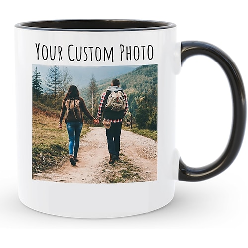 Personalisierte Kaffeetasse maßgeschneidertes Bild Text oder Logo Keramiktasse individuelles Hochzeitsgeschenk für Paare anpassbare 11 oz Teetasse weiß - schwarz Image