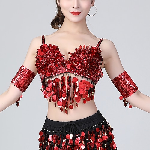 Bauchtanz BH Quaste Pure Farbe Farbaufsatz Damen Leistung Ausbildung Ärmellos Hoch Polyester Image
