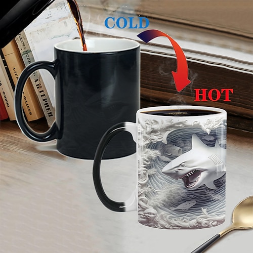 Thermobecher, Hai-Thermobecher mit 3D-Illusion, Keramik-Kaffeebecher als Geschenk, 11 oz wärmeempfindlicher Farbwechsel-Kaffeebecher, süße Weihnachtsgeschenktasse für Hai-Liebhaber Image