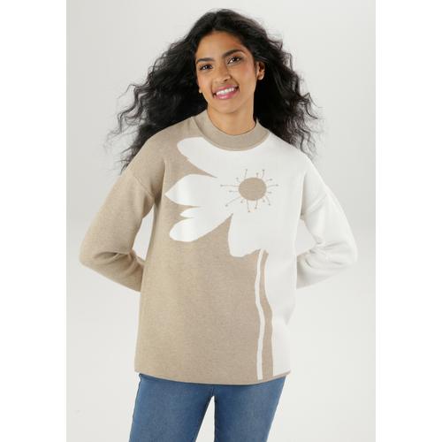 Strickpullover ANISTON SELECTED Gr. 48, weiß (beige-offwhite) Damen Pullover mit plakativem Blumendessin