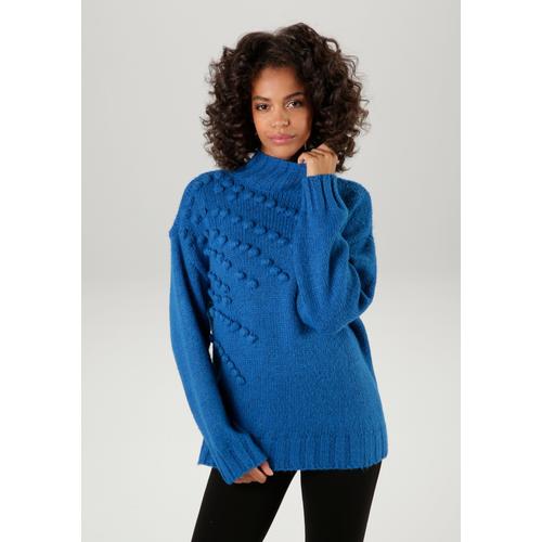 Strickpullover ANISTON CASUAL Gr. 44, blau (petrolblau) Damen Pullover Grobstrickpullover mit eingestrickten, kleinen Bommeln