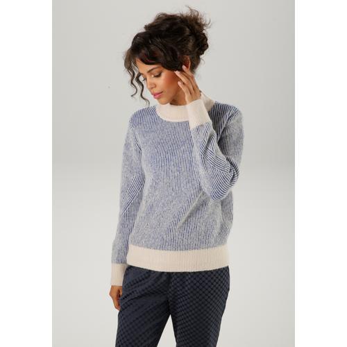 Strickpullover ANISTON CASUAL Gr. 38, blau (sand-marine) Damen Pullover im Streifen-Dessin