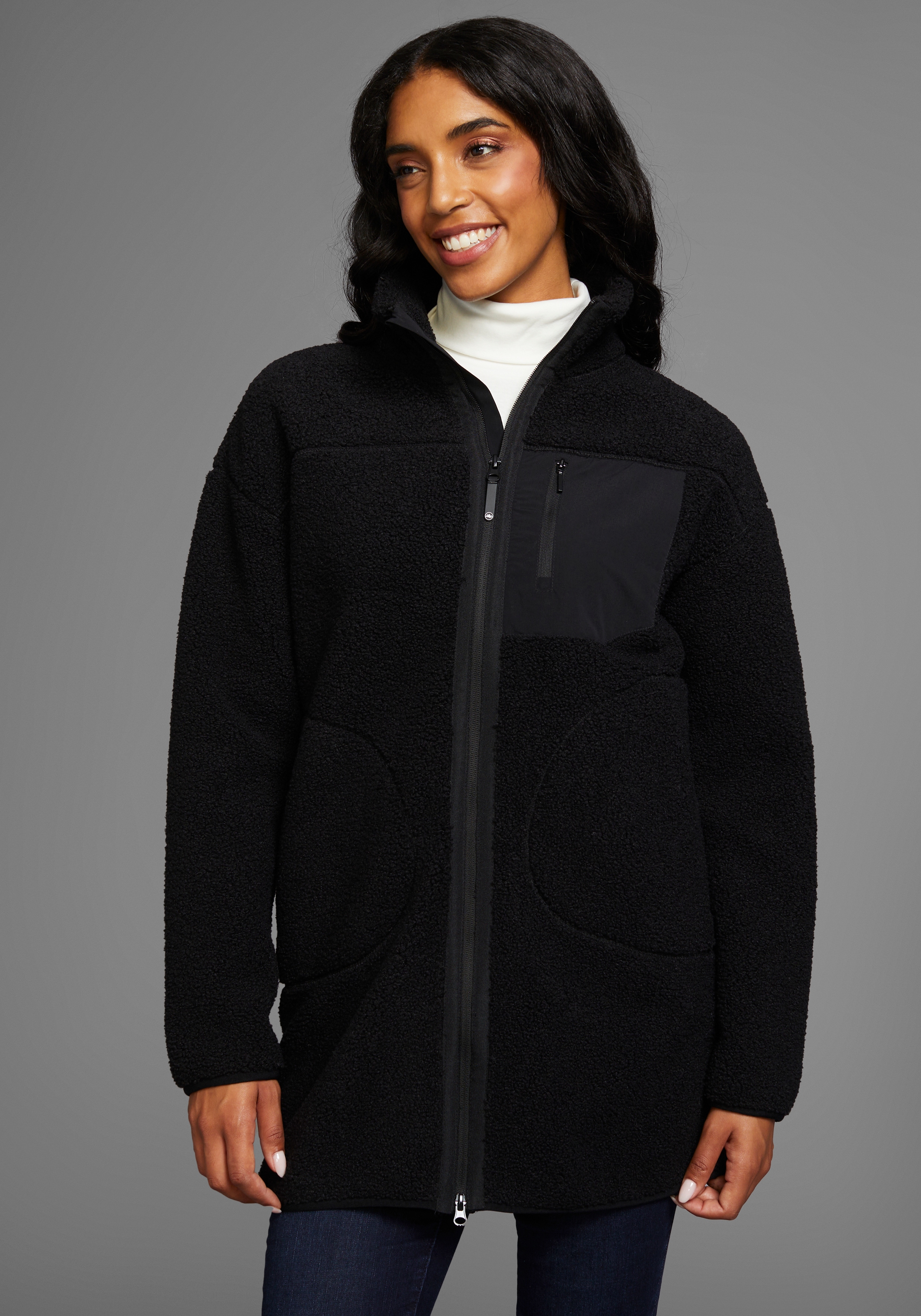 Fleecejacke POLARINO, Damen, Gr. 36/38, schwarz, Fleece, Obermaterial: 100% Polyester, Fellimitat, unifarben, oversize hüftbedeckend, eingefasste Kante, Jacken Fleecejacke, Teddy Fleece Jacke, Oversize