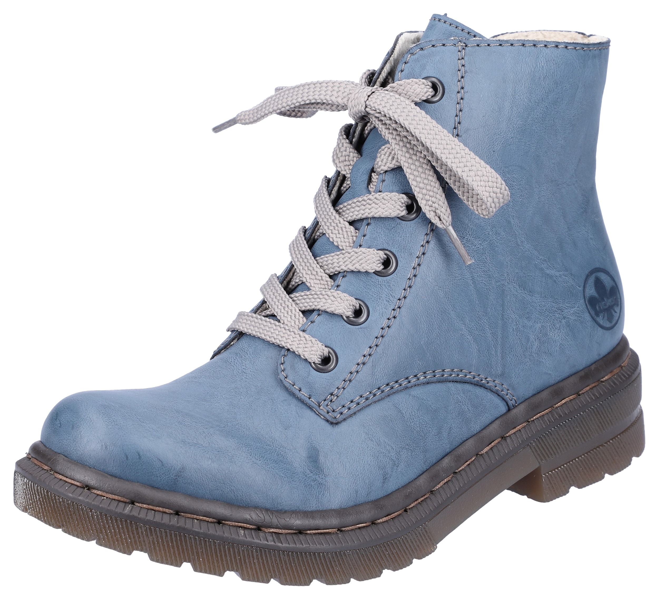 Schnürboots RIEKER, Damen, Gr. 36, blau (royalblau), Lederimitat, unifarben, Schuhe Workerboots Schnürboots, Schnürstiefelette, Blockabsatz, mit Logoprägung