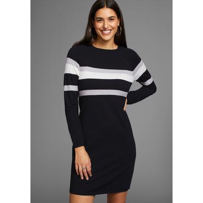 Strickkleid LAURA SCOTT, Damen, Gr. 44, N-Gr, schwarz (schwarz, grau), Feinstrick, Obermaterial: 50% Viskose, 28% Polyester, 22% Polyamid, clean, colorblocking, mehrfarbig, casual, figurbetont mini, Rundhals, Langarm Rippbündchen, Kleider, mit Streifen Image