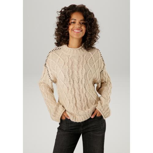 Strickpullover ANISTON CASUAL Gr. 34, beige (beigemeliert, schwarz) Damen Pullover Grobstrickpullover mit Handstrickerei verzierten Nähten