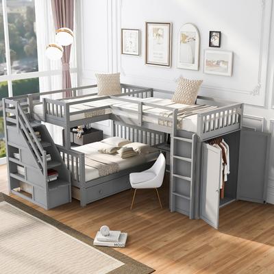 L-Shaped Twin over Full Bunk Bed With 3 Drawers, Portable Desk and Wardrobe