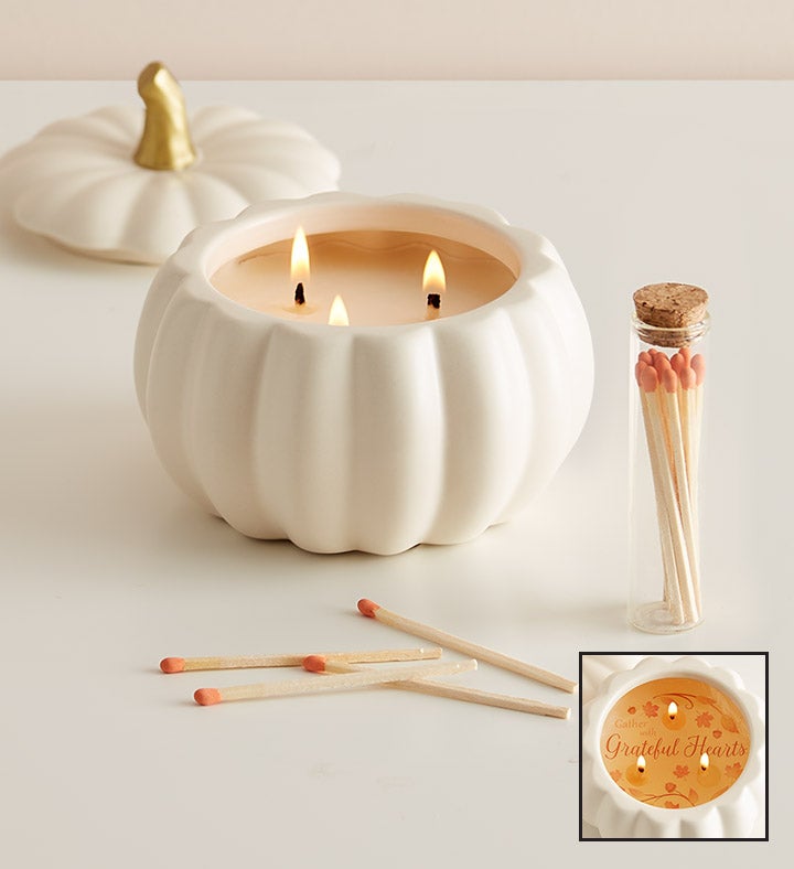1-800-Flowers Gifts Delivery Grateful Hearts Pumpkin Wax Reveal Candle & Matches