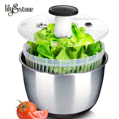 TEMU 1pc 6l Stainless Steel Pump Salad Spinner With Drain, Bowl, And Colander - Quick And Easy Multi-use Lettuce Spinner, Vegetable Dryer, Fruit Washer, Pasta And Fries Spinner