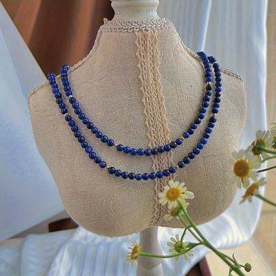 TEMU Boho 1pc Natural Lapis Long Necklace, No , Daily & Vacation Wear, Holiday-themed Sweater Chain Stone Image