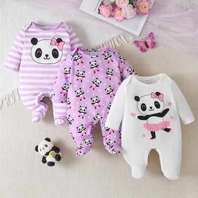 TEMU 3pcs Newborn Baby's Cartoon Panda Print Long Sleeve Footie, Toddler & Infant Girl's Comfy Footed Romper For Spring Fall