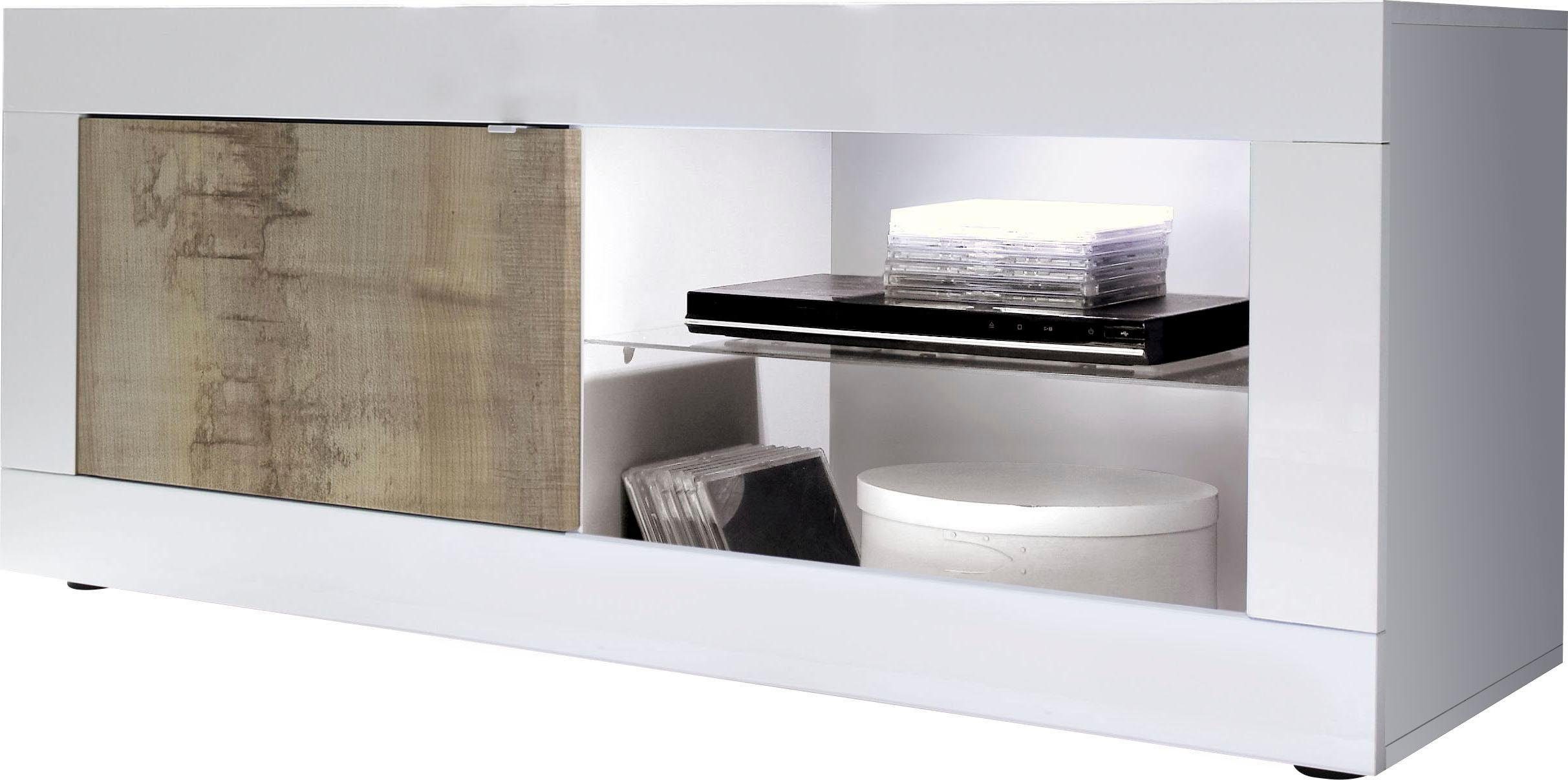 Lowboard INOSIGN "Basic Breite 140 cm, TV-Board 1 Tür, 2 offene Fächer (Glasboden)", weiß (weiß hochglanz lack, pero), B:140cm H:56cm T:43cm, Sideboards, Lowboard, TV-Kommode, Metallgriff, moderne Rahmenoptik, Farbauswahl