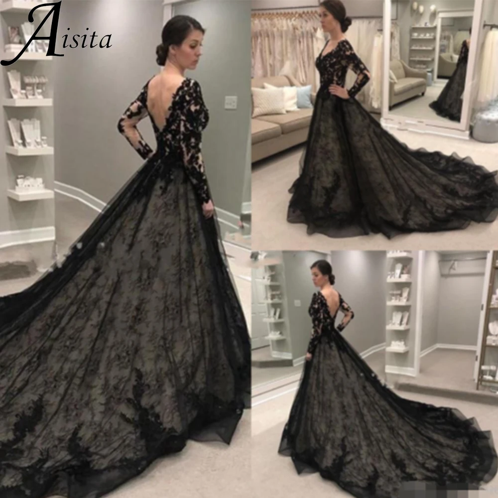Gothic A-Linie Brautkleider Schwarze Spitze Applikation Brautkleider maßgeschneiderte V-Ausschnitt Sweep Zug Brautkleid Vestidos De Novia