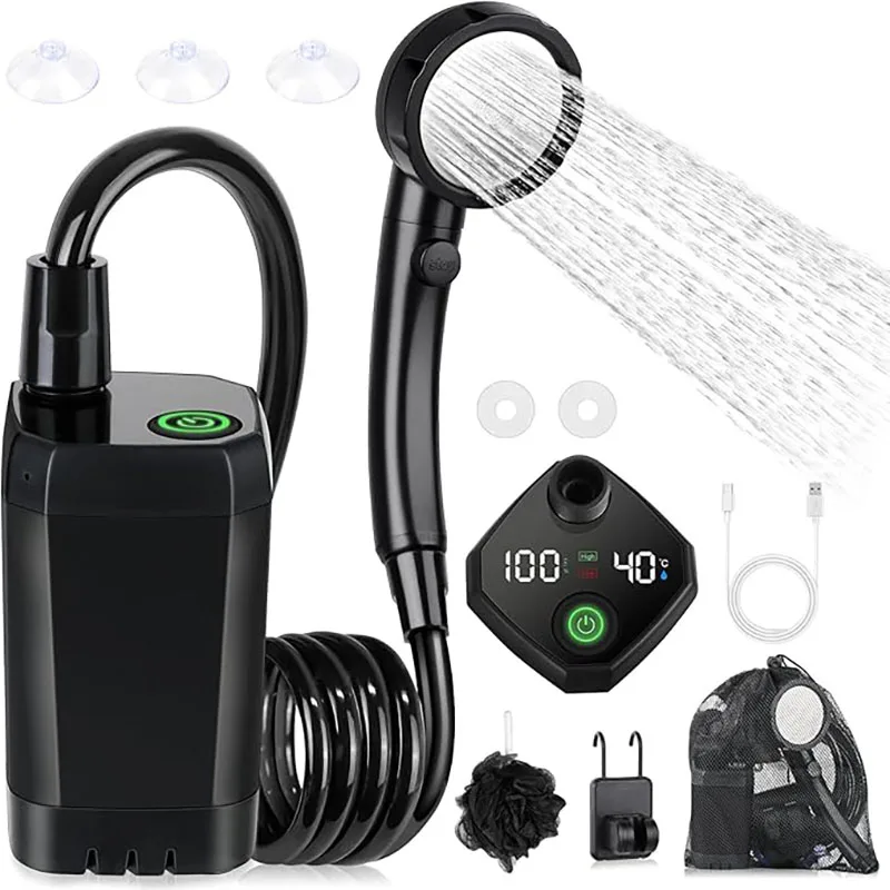 Tragbare Dusche für Camping, 6000 mAh, wiederaufladbare Campingdusche mit Duschkopf, intelligente LED-Anzeige, elektrische Duschpumpe