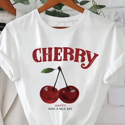 TEMU Cherry Letter Print T-shirt, Short-sleeve Round Neck Casual Top For Spring And Summer, Women's Clothing. Image