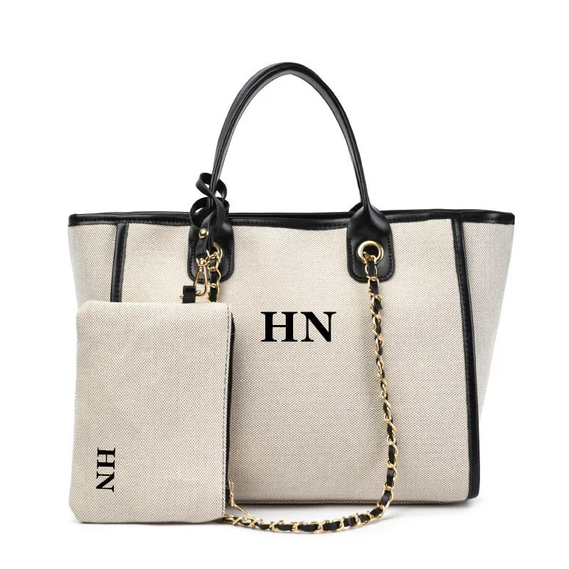 Borsa Tote personalizzata con monogramma, borsa di lusso personalizzata, borsa a tracolla, tracolla a catena con doppio manico e borsa nera, borsa da donna