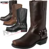 Vintage Herren Cowboystiefel Gürtelschnalle Ring High Top Motorradstiefel Herren Schuhe Mode Karree