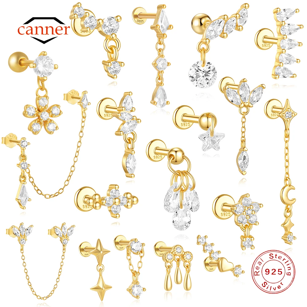 CANNER 1 STÜCK Vierzackiger Stern Mond Quaste Lotus Knorpel Spirale Punktion 925 Sterling Silber Ohrstecker Für Frauen Ins Ohrring