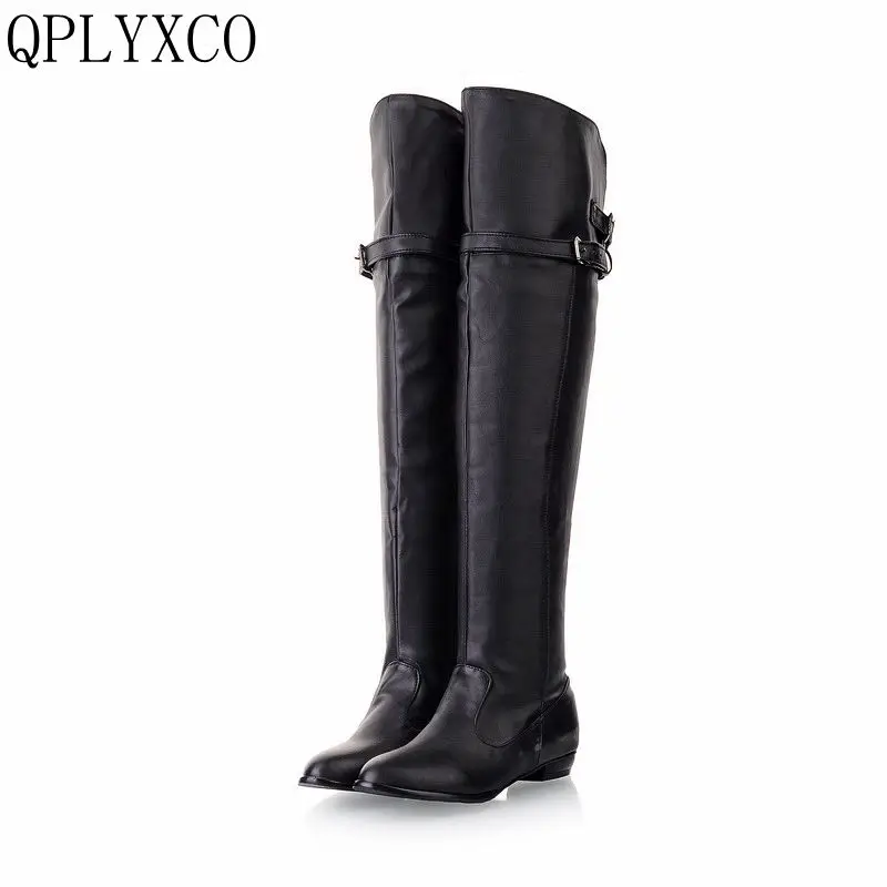 QPLYXCO 2017 Neue Große Größe 34-48 Frauen Flache Stiefel Über Knie Winter Warme Lange Runde Kappe Mode Botas schuhe Schuhe 181