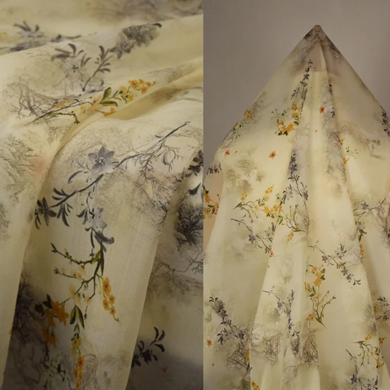 Chiffon Stoff für Sommerkleid, Cheong sam Han Tuch, Gelber Blumen druck, Hohe Qualität, Elegant, Wind, Sommerkleid, T2019