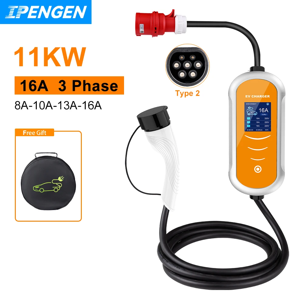 IPENGEN EV-Ladegerät 16 A 11 kW Typ 2 IEC-62169 CEE-Stecker Strom einstellen Timer EVSE-Aufladung für Hybrid-Elektrofahrzeugautos ﻿ Image