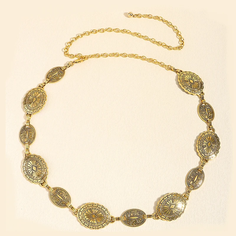 Damen-Taillenketten-Accessoires aus Metall im Retro-Stil. Dekorativer, kreisförmiger, geschnitzter Kettengürtel, Accessoires im hohen Stil