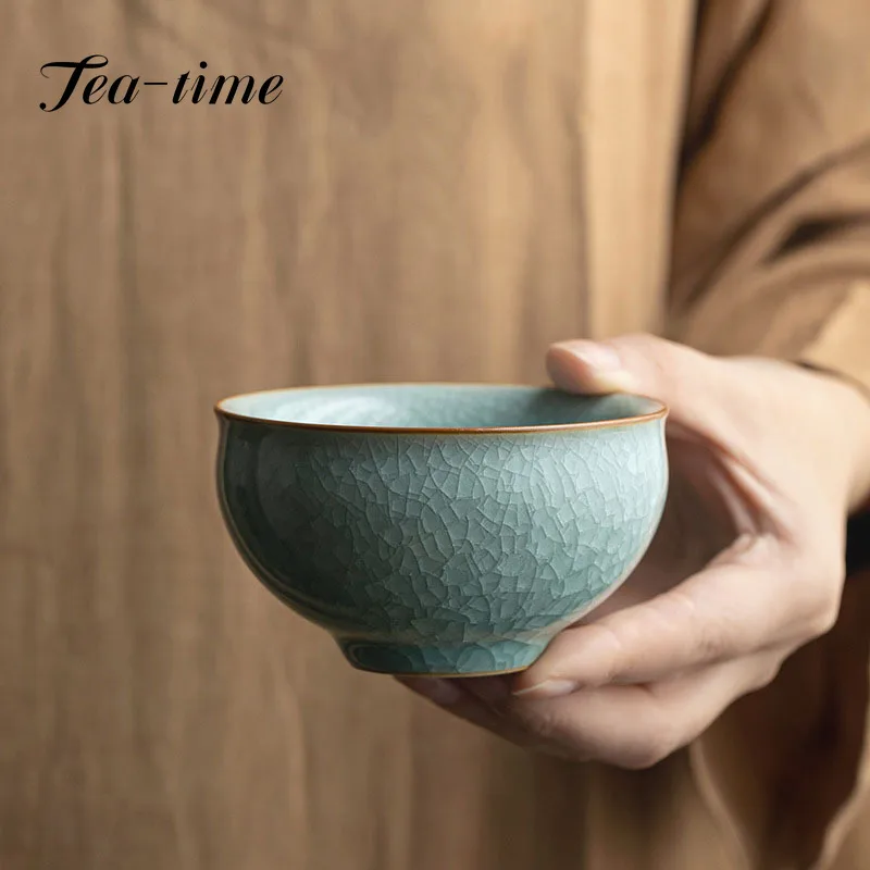 Chinese Handmade Ru Kiln Porcelain Teacup Household Ice Cracked Teacup Ceramic Master Cup Frost Flower Personal Tea Bowl Teaware