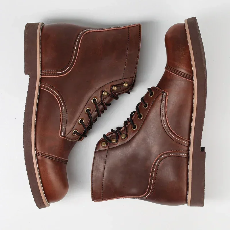 Winter Vintage Werkzeug Männer Motorrad Stiefel Qualität Kuh Leder Runde Kappe Braun Casual Ankle Schuhe Zapatos Hombre