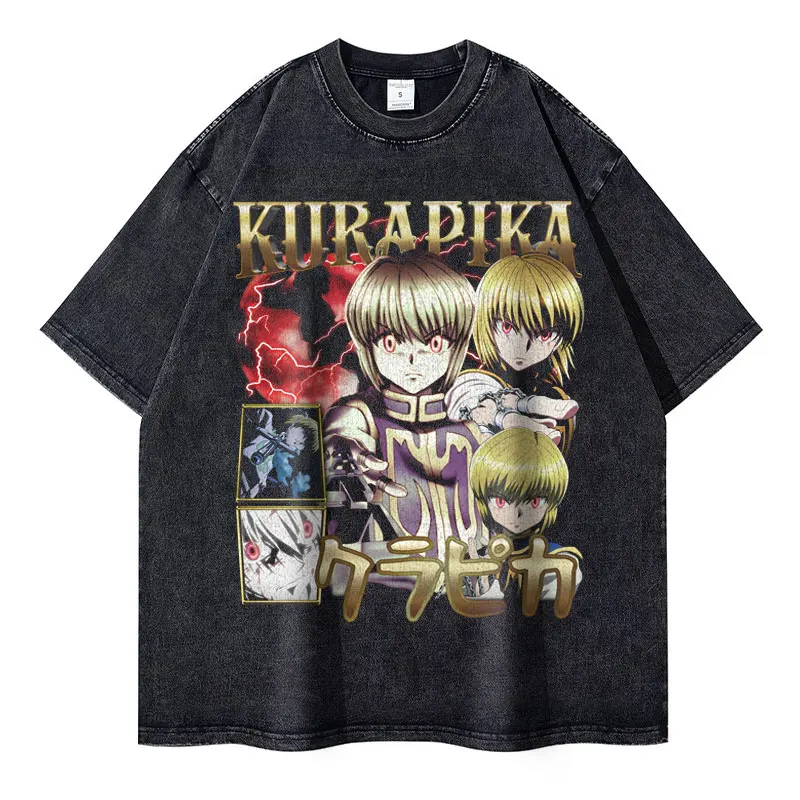 Kurapika T-Shirts Vintage gewaschen Anime Hunter x Hunter T-Shirt übergroße Manga Killua Gon Hisoka Chrollo Tops T-Shirts Männer 100% Baumwolle